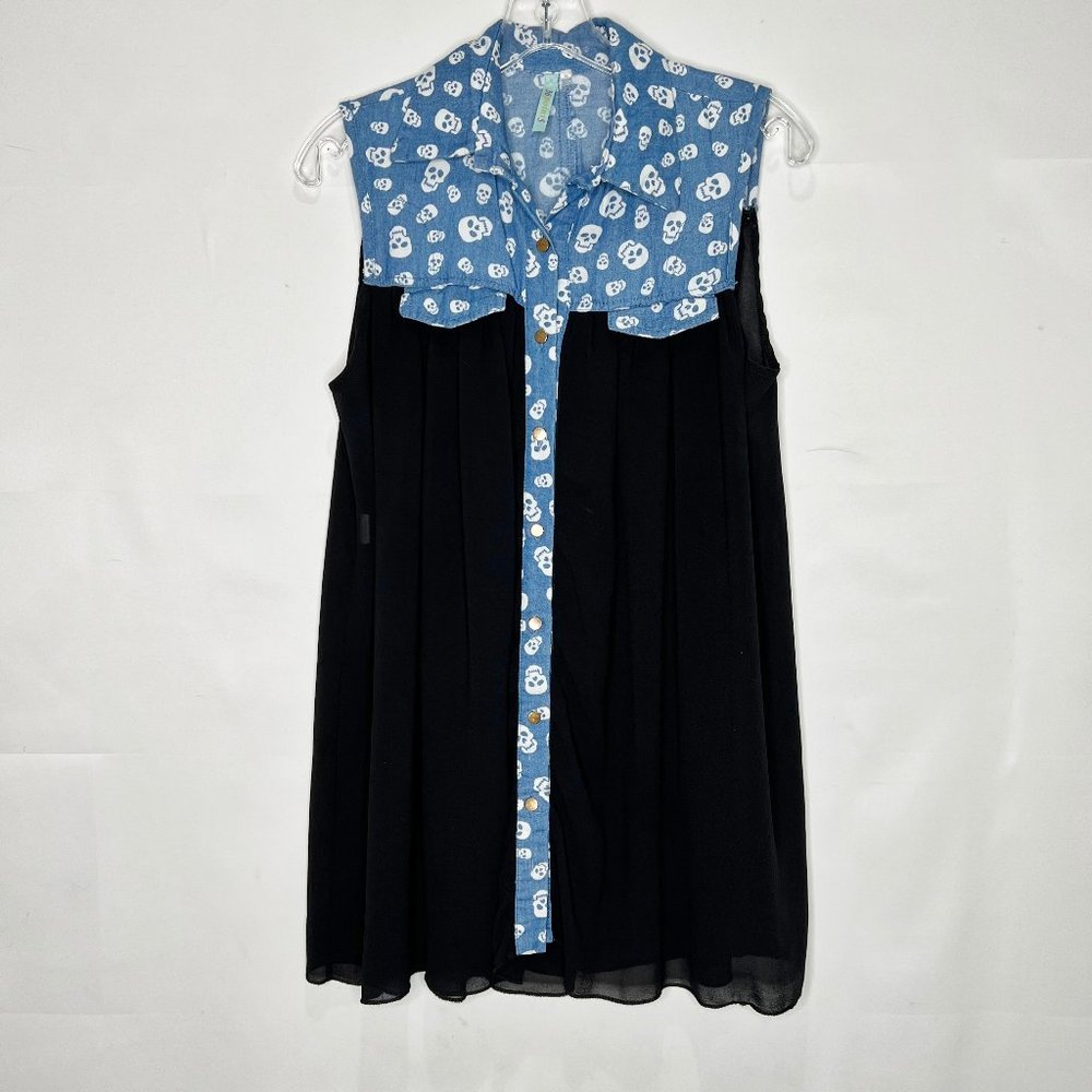 36point5 Women’s Top sz M Sleeveless Tank Blue Denim Skulls Black Sheer Blouse